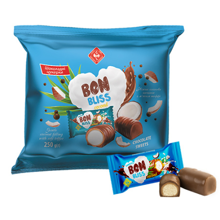 Цукерки глазуровані "BON BLISS" кокос, 250г Цукерки глазуровані "BON BLISS" кокос, 250г